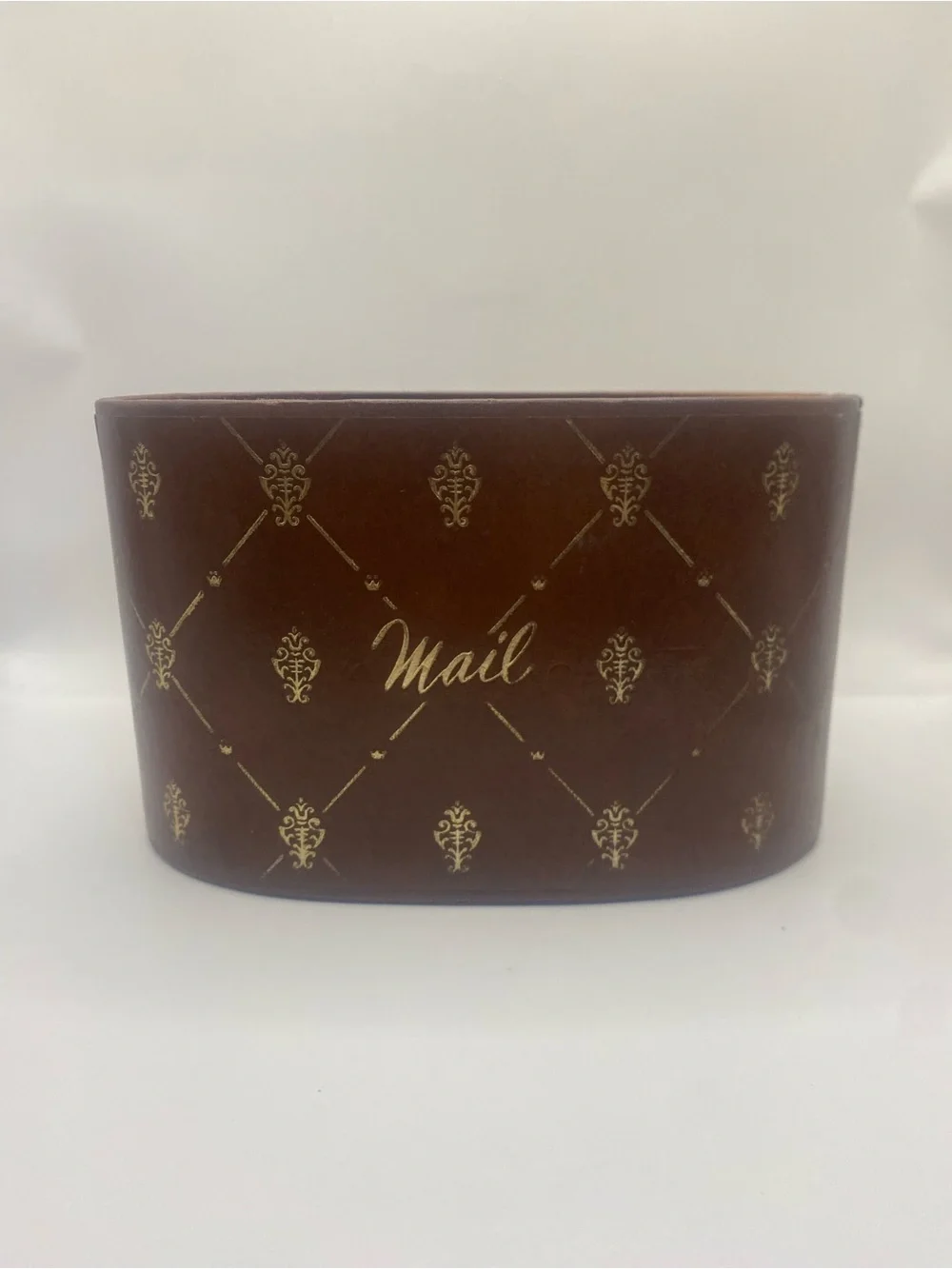 Vintage MCM Brown Fleur De Lis Mail Holder Desk Organizer Letter Box 4.5”x7”